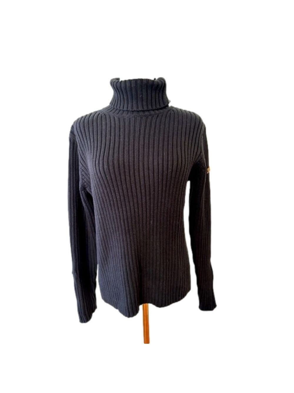 80s BLACK COTTON RIBBED TURTLENECK W RETRO BOLD WHITE ZIP @ NECK & CUFFS SZ M